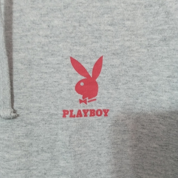 Playboy X PacSun pullover Logo Fleece Gray Hooded sweatshirt Kangaroo Pocket L - Picture 2 of 6